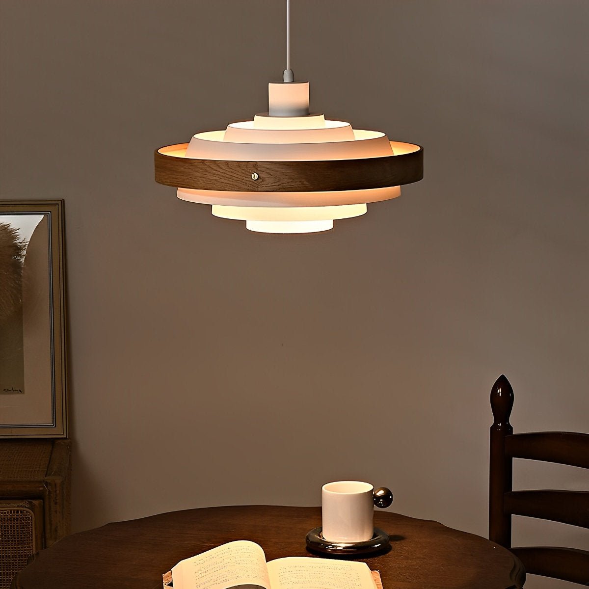 Lavisa - Japandi Shaded Drum Pendant Light - Modern Wood Hanging Ceiling Lamp