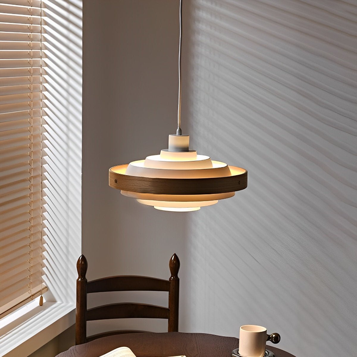 Lavisa - Japandi Shaded Drum Pendant Light - Modern Wood Hanging Ceiling Lamp