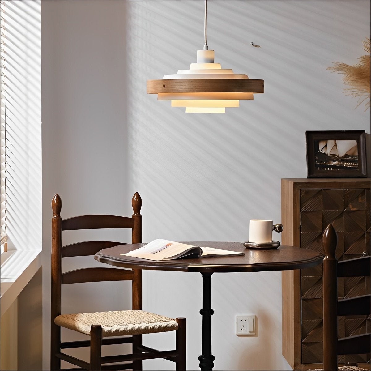 Lavisa - Japandi Shaded Drum Pendant Light - Modern Wood Hanging Ceiling Lamp