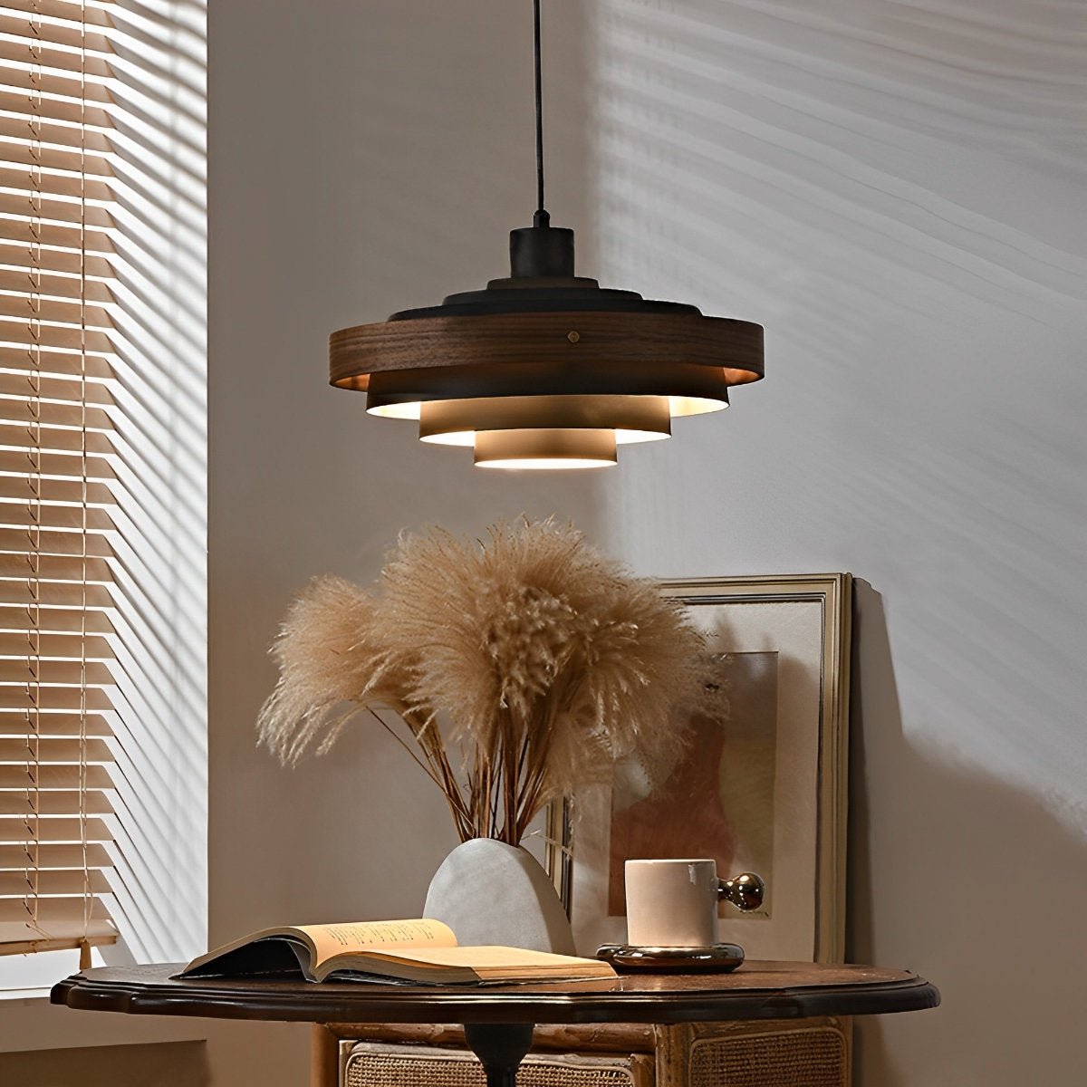 Lavisa - Japandi Shaded Drum Pendant Light - Modern Wood Hanging Ceiling Lamp