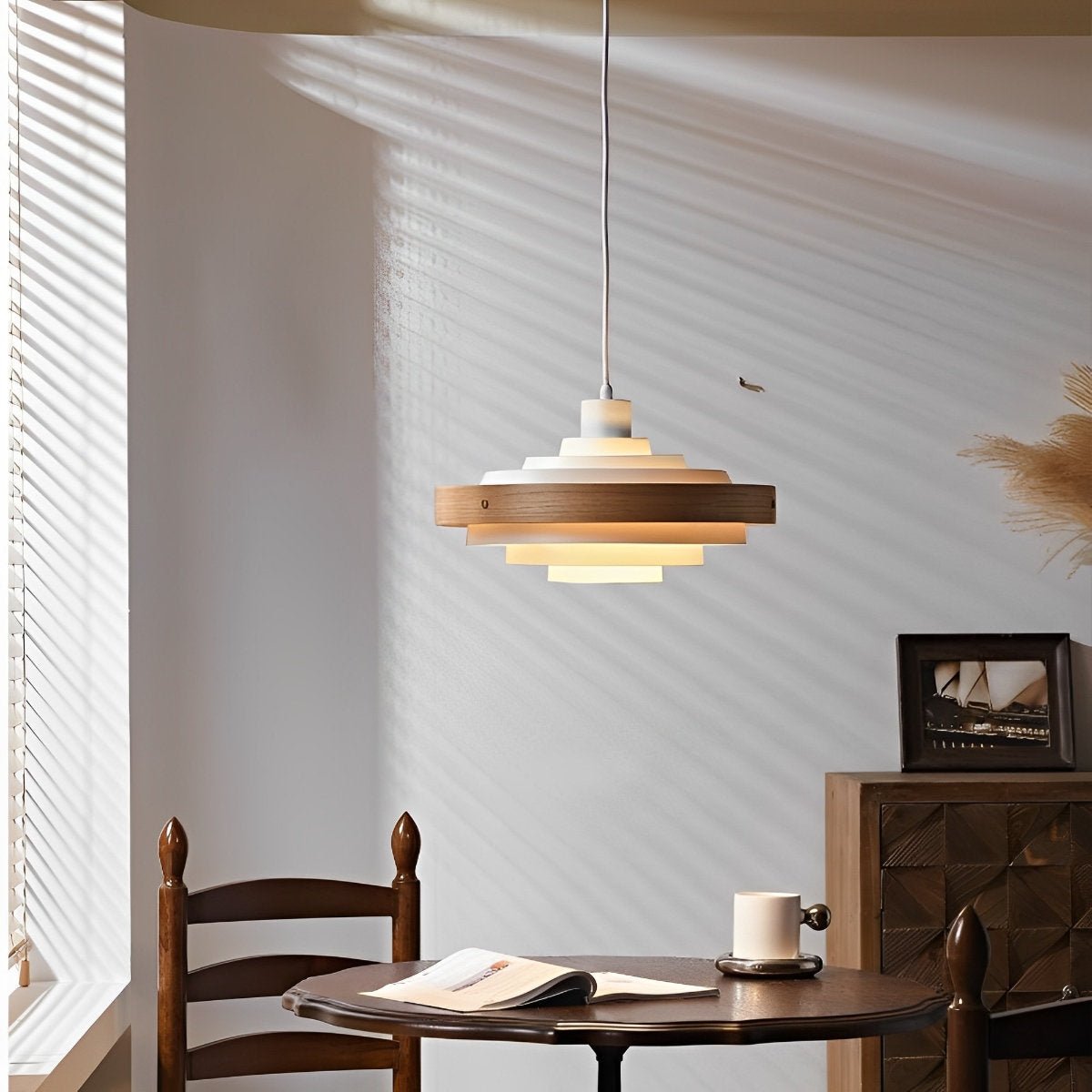 Lavisa - Japandi Shaded Drum Pendant Light - Modern Wood Hanging Ceiling Lamp