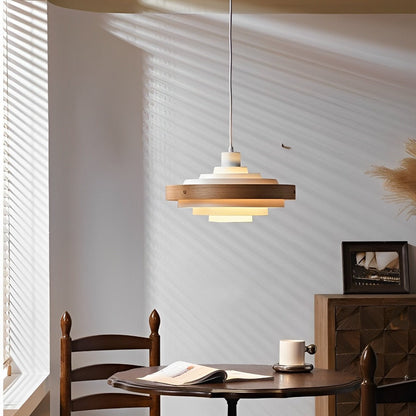 Lavisa - Japandi Shaded Drum Pendant Light - Modern Wood Hanging Ceiling Lamp