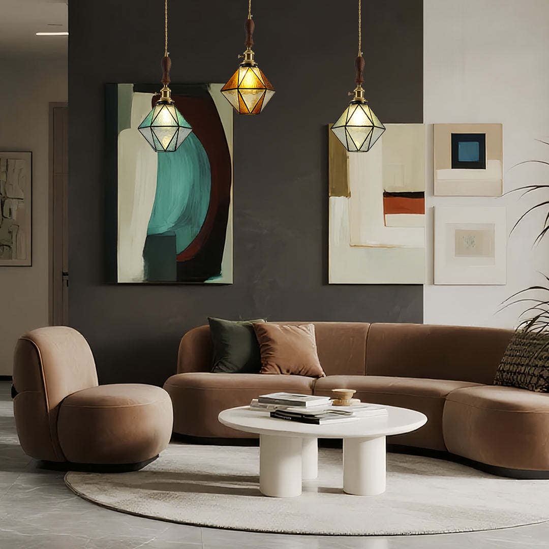Lavisa - Geometric Diamond Glass Pendant Light with Brass and Wood