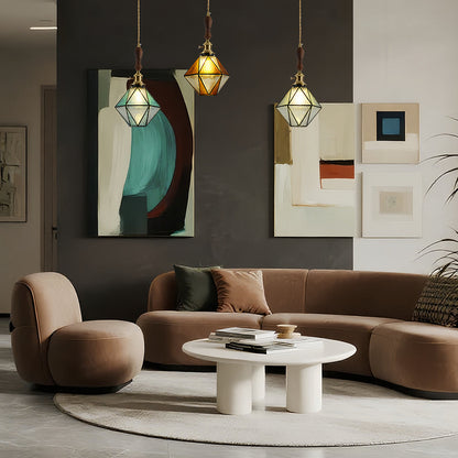 Lavisa - Geometric Diamond Glass Pendant Light with Brass and Wood