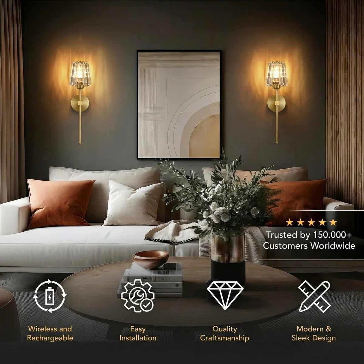 Lavisa - Wireless Wall Sconces Set of 2 Magnetic Rechargeable LED Lights