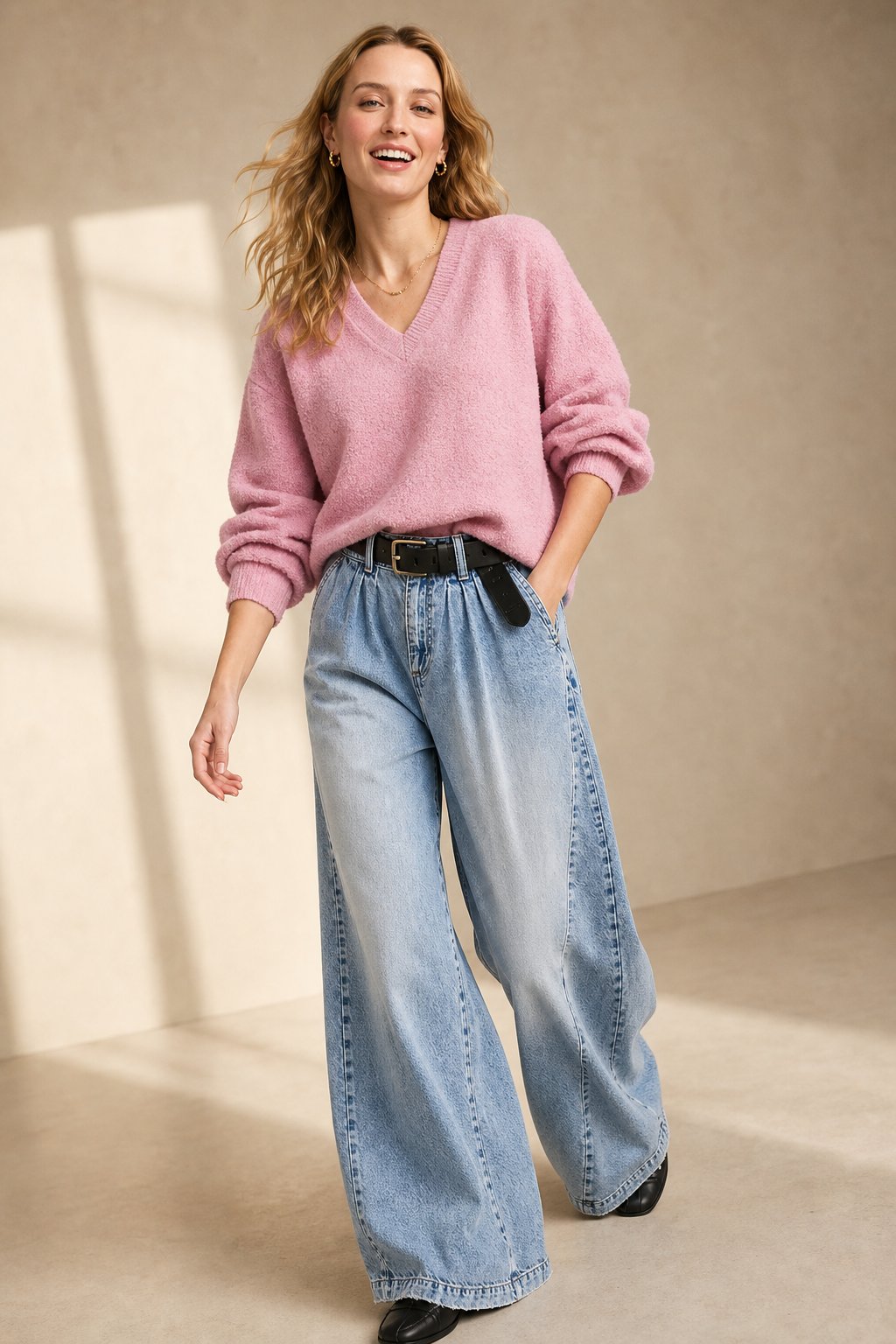 Lavisa - Pleated Wide Leg Denim Jeans
