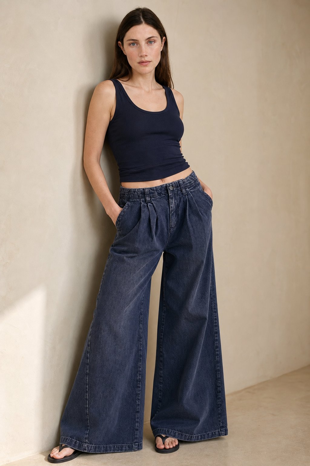 Lavisa - Pleated Wide Leg Denim Jeans