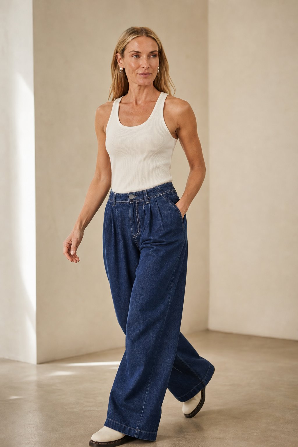 Lavisa - Pleated Wide Leg Denim Jeans