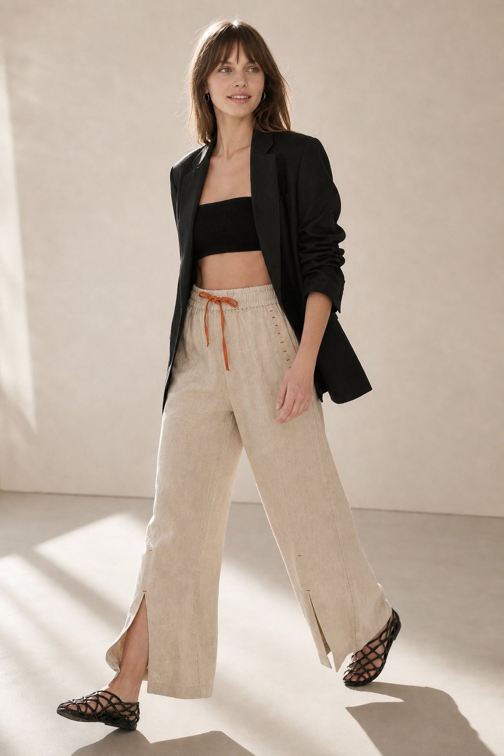 Lavisa - Drawstring Wide Leg Linen Blend Pants