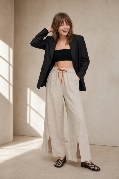 Lavisa - Drawstring Wide Leg Linen Blend Pants