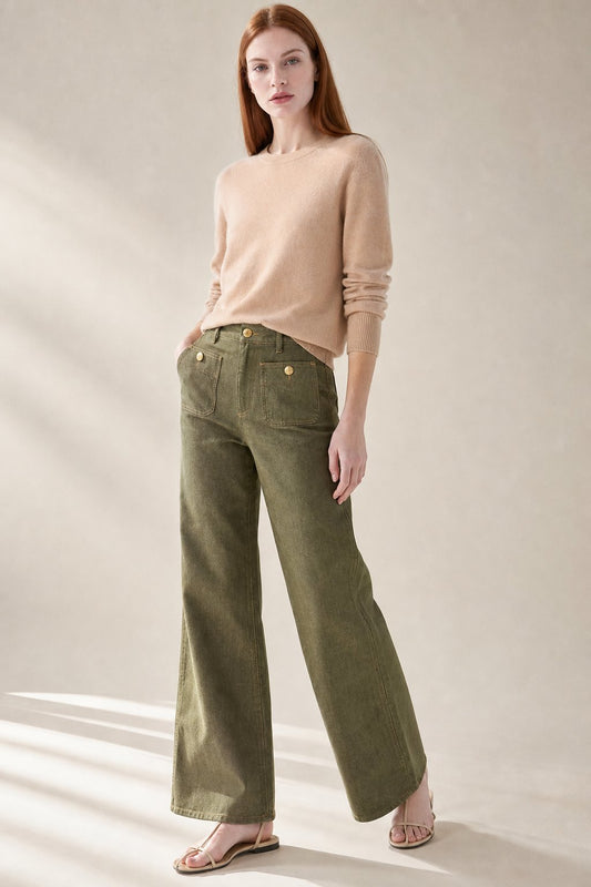 Lavisa - High Rise Wide Leg Denim Jeans with Front Button Pockets