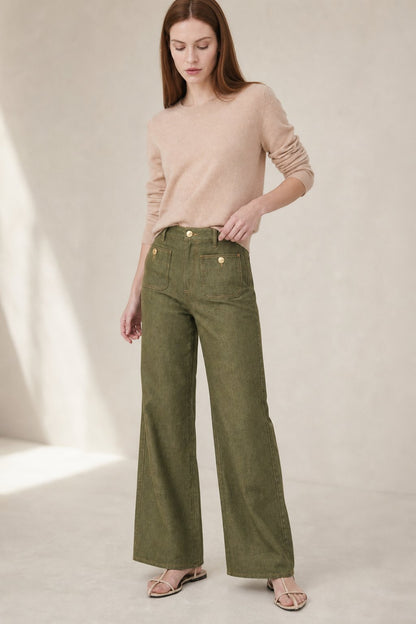 Lavisa - High Rise Wide Leg Denim Jeans with Front Button Pockets