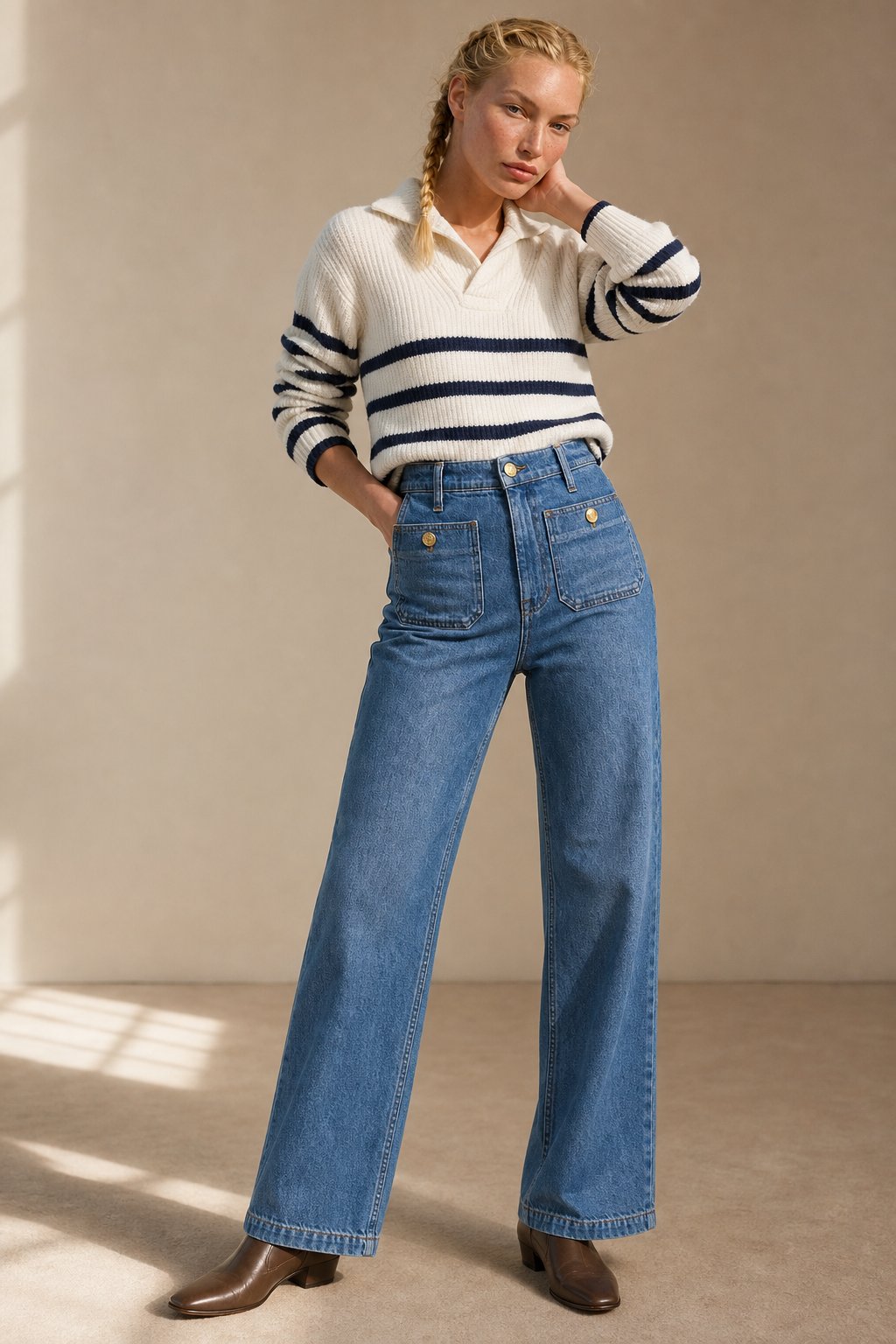 Lavisa - High Rise Wide Leg Denim Jeans with Front Button Pockets