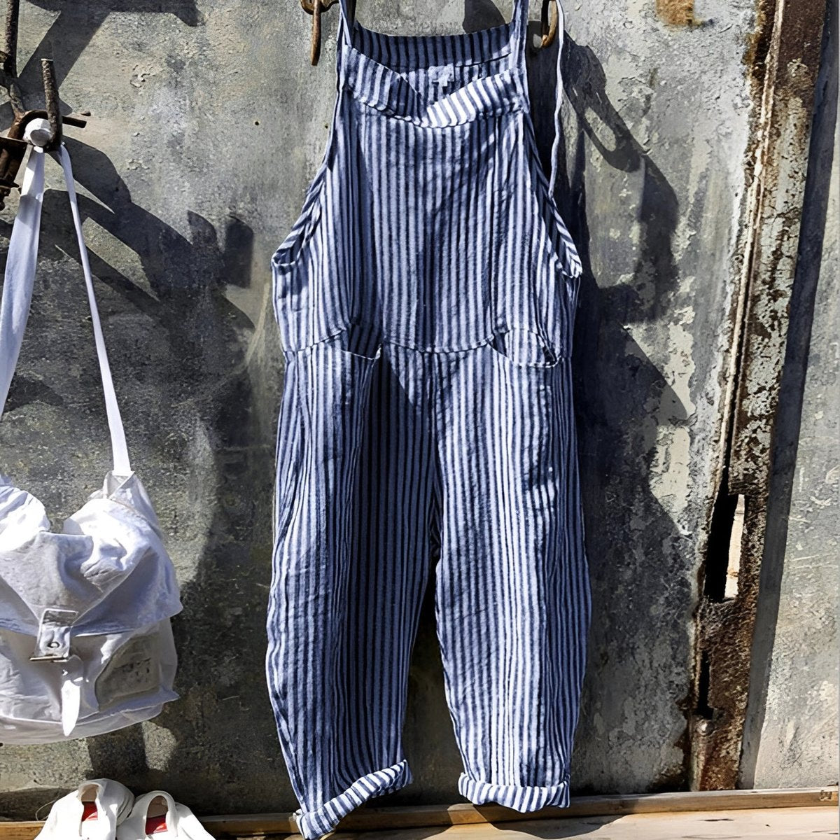 Unisex Vintage Striped Loose-Fit Adjustable Strap Overall - Front View | Lavisa
