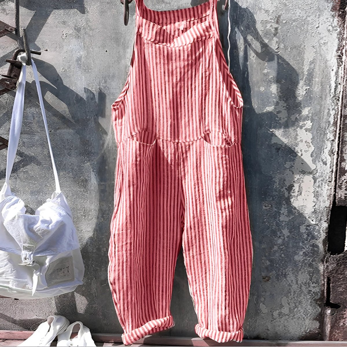 Unisex Vintage Striped Loose-Fit Adjustable Strap Overall - Side Angle | Lavisa