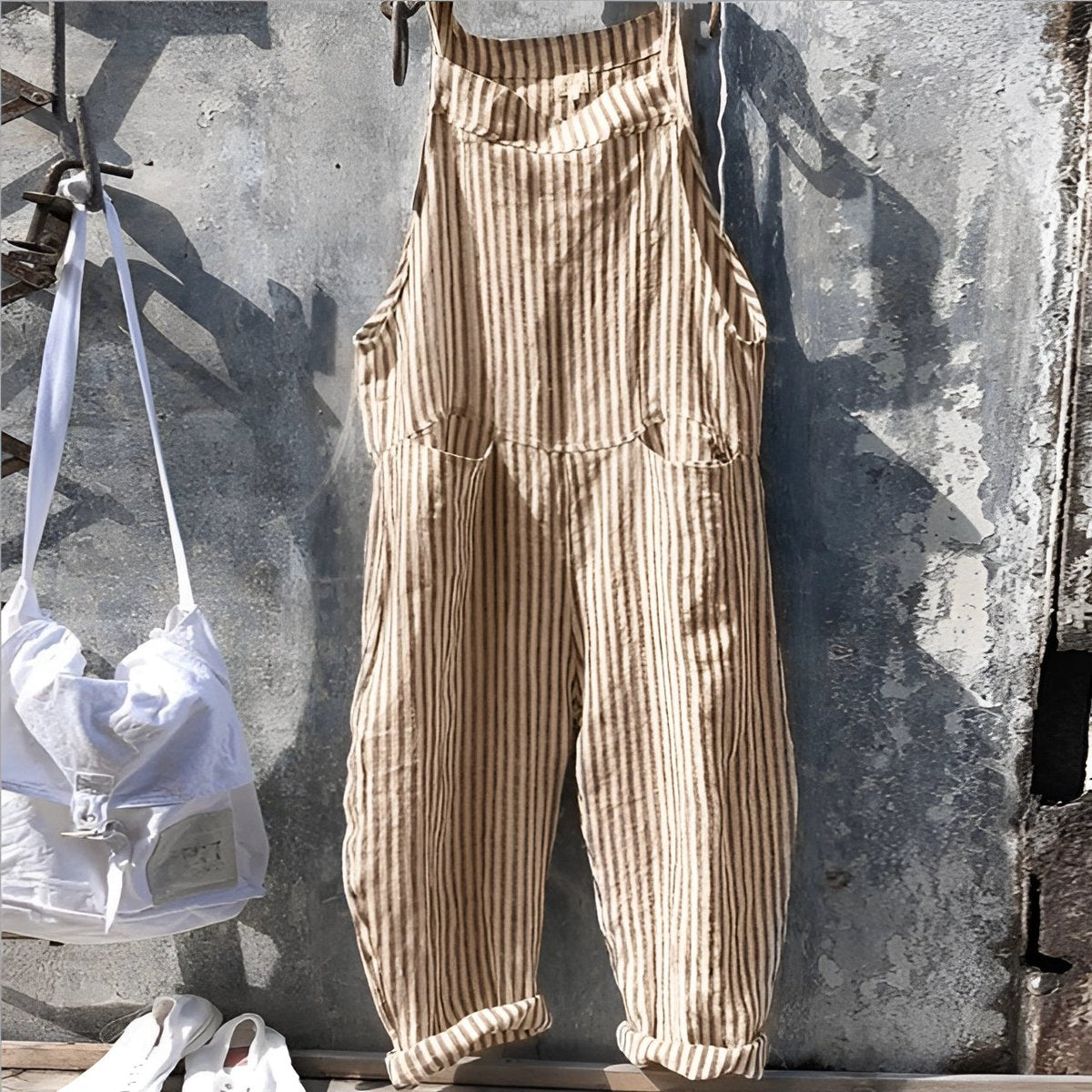 Unisex Vintage Striped Loose-Fit Adjustable Strap Overall - Sole & Material View | Lavisa