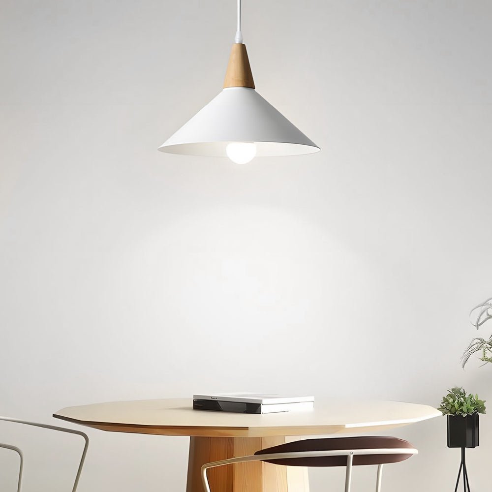 Lavisa - White Cone Pendant Light with Wood Top