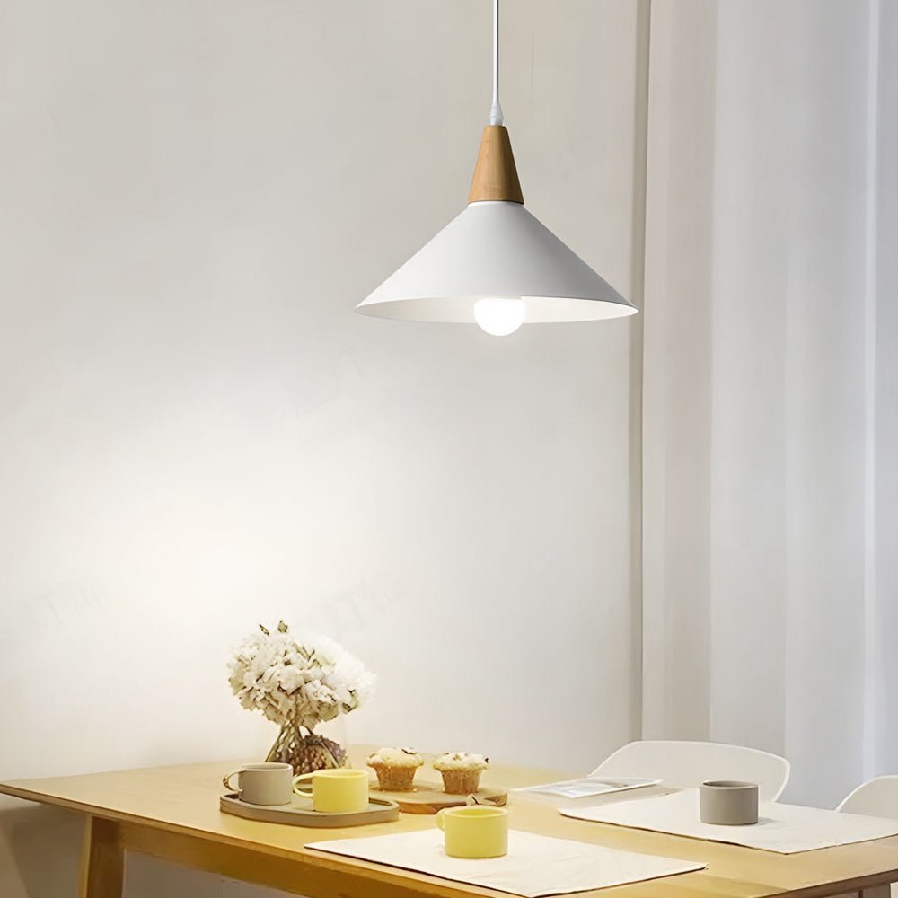 Lavisa - White Cone Pendant Light with Wood Top