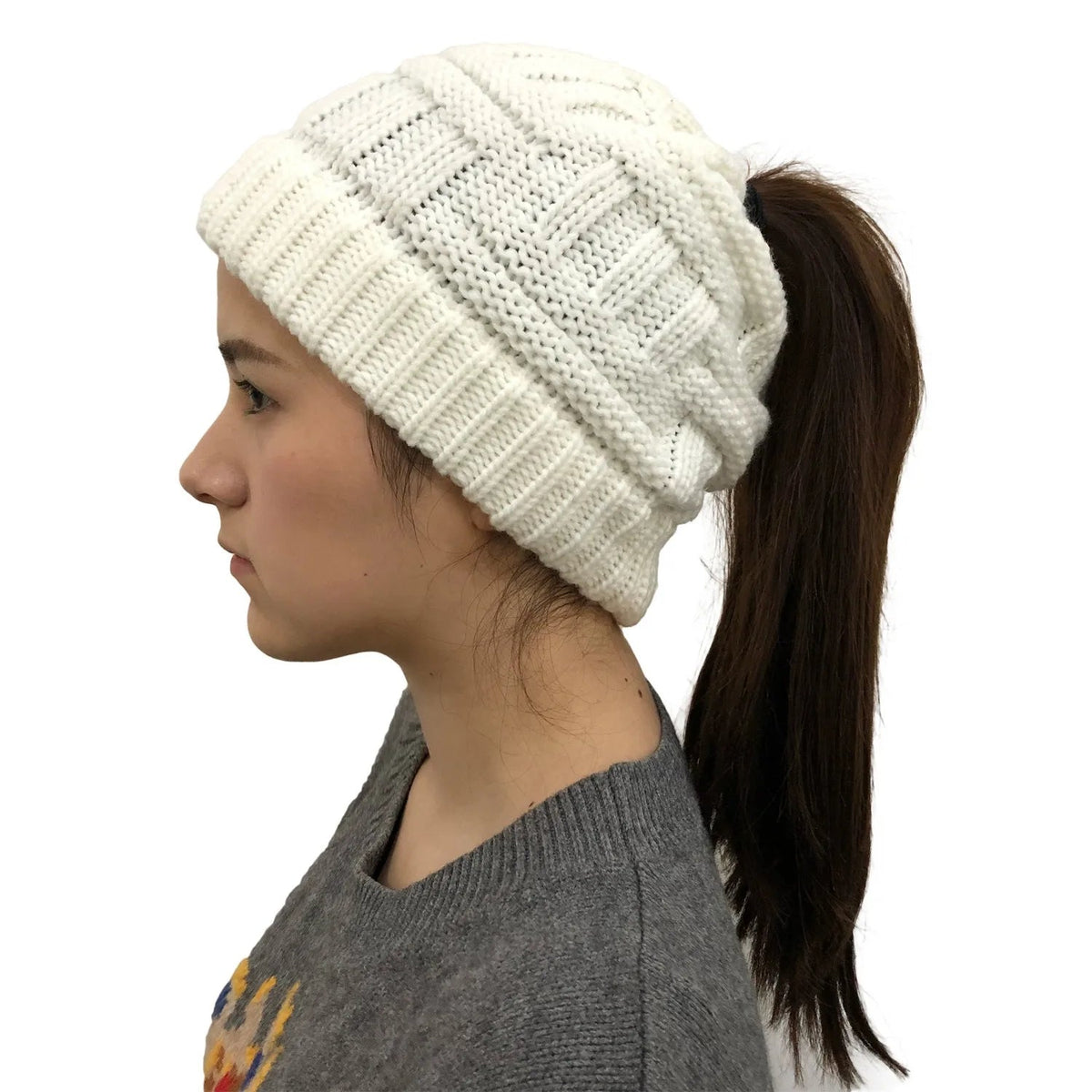 Lavisa - Women’s Cable Knit Ponytail Beanie Hat