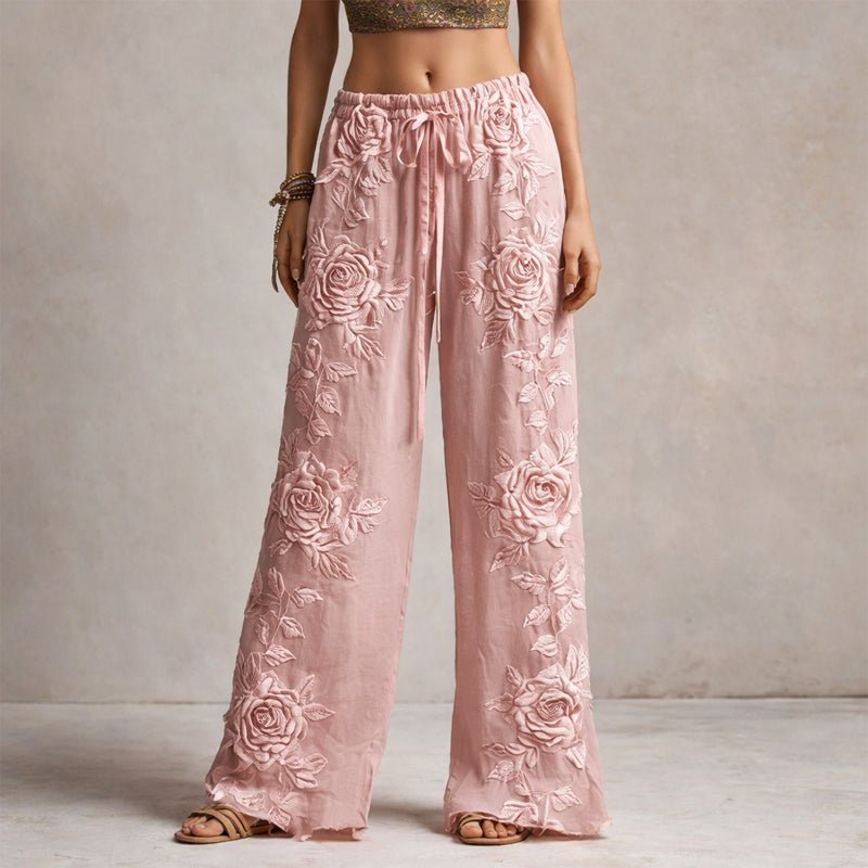Lavisa - Floral Embroidered Wide Leg Drawstring Pants
