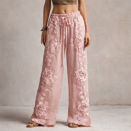 Lavisa - Floral Embroidered Wide Leg Drawstring Pants