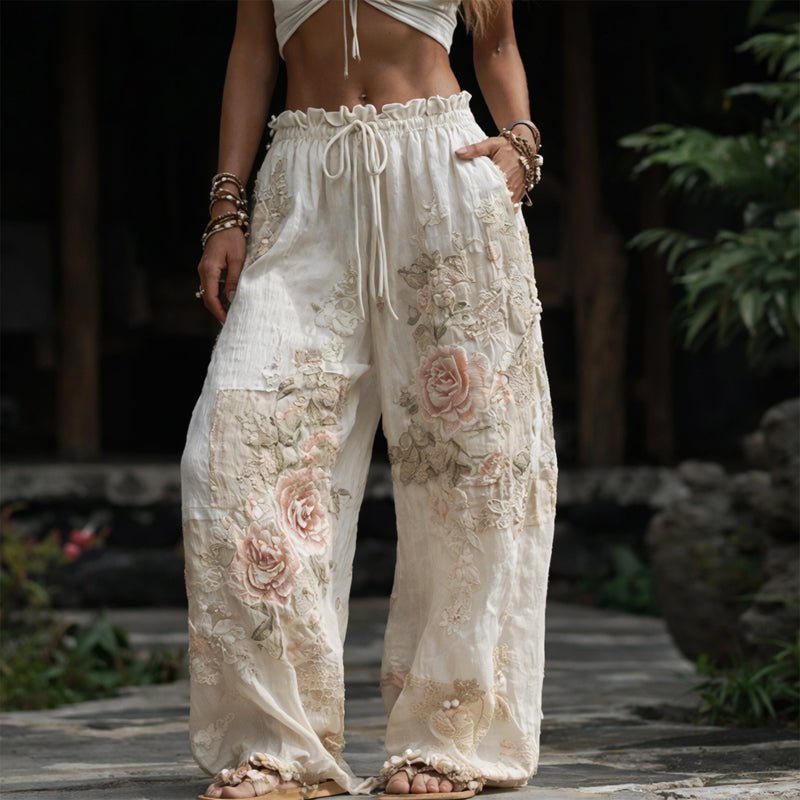 Lavisa - Floral Embroidered Wide Leg Drawstring Pants