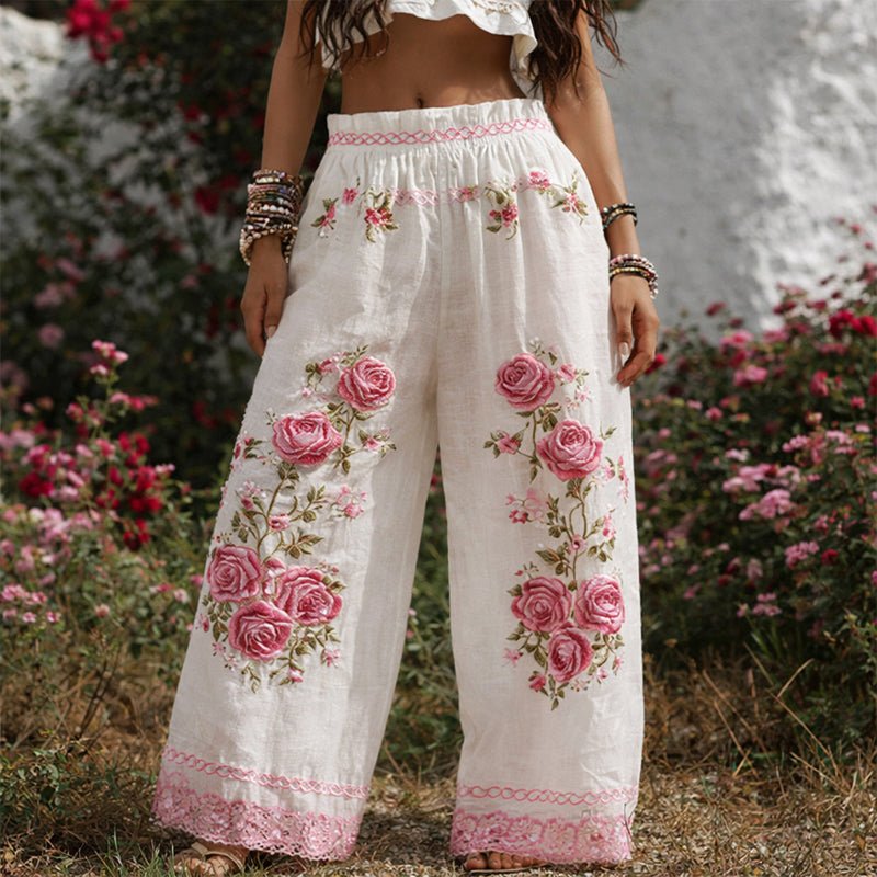 Lavisa - Floral Embroidered Wide Leg Drawstring Pants