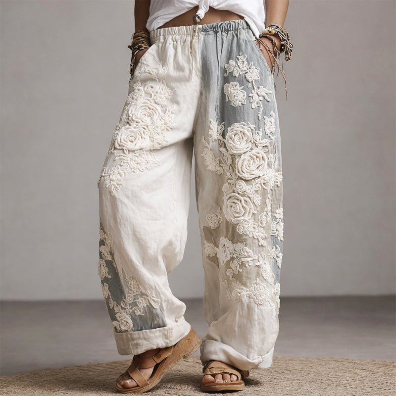 Lavisa - Floral Embroidered Wide Leg Drawstring Pants