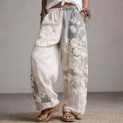 Lavisa - Floral Embroidered Wide Leg Drawstring Pants
