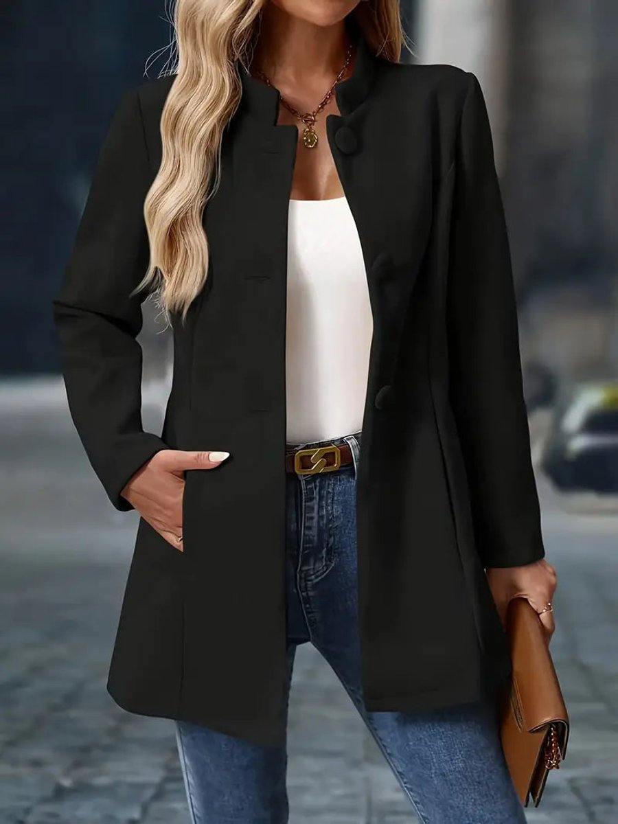 Women's Stand Collar Longline Blazer Jacket - Side Angle | Lavisa