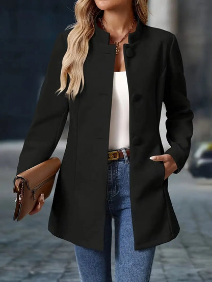 Women's Stand Collar Longline Blazer Jacket - Lifestyle & Model Angle | Lavisa