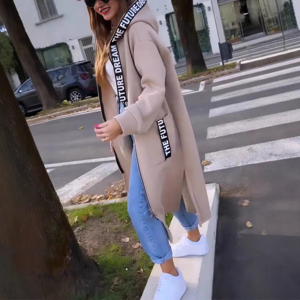 Women's Oversized Hooded Fleece Long Coat - Lifestyle & Model Angle | Lavisa