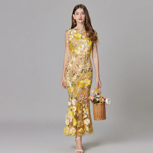 Lavisa - Women's 3D Floral Applique Sheer Mesh Sleeveless Maxi Dress