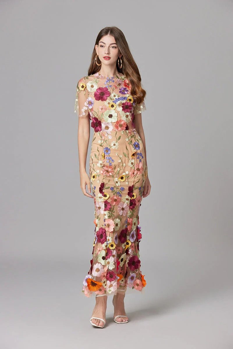 Women's 3D Floral Applique Sheer Mesh Sleeveless Maxi Dress - Variant Style 10 | Lavisa