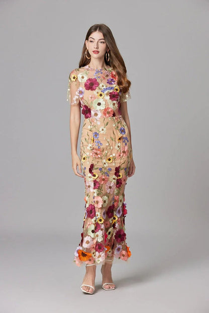 Women's 3D Floral Applique Sheer Mesh Sleeveless Maxi Dress - Variant Style 10 | Lavisa