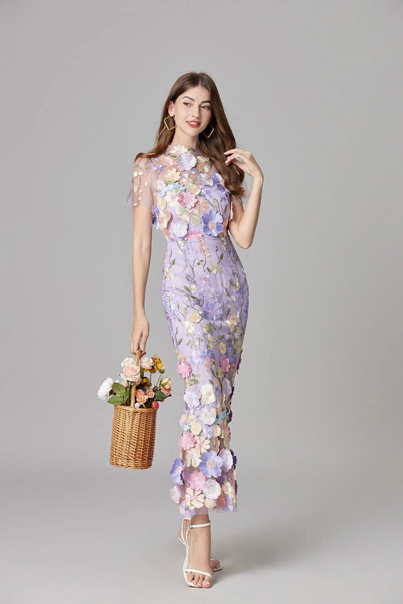 Women's 3D Floral Applique Sheer Mesh Sleeveless Maxi Dress - Variant Style 13 | Lavisa