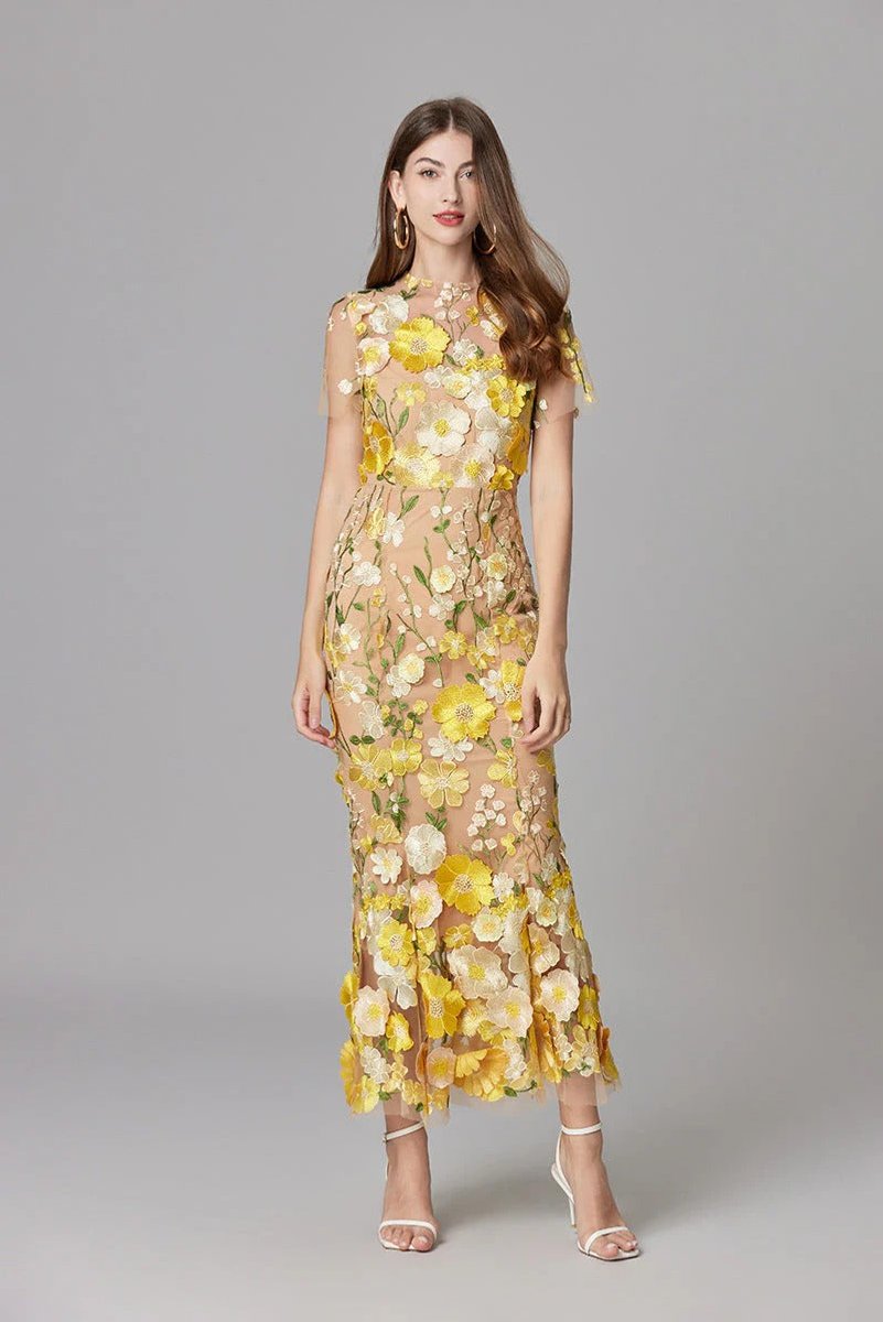Women's 3D Floral Applique Sheer Mesh Sleeveless Maxi Dress - Variant Style 18 | Lavisa