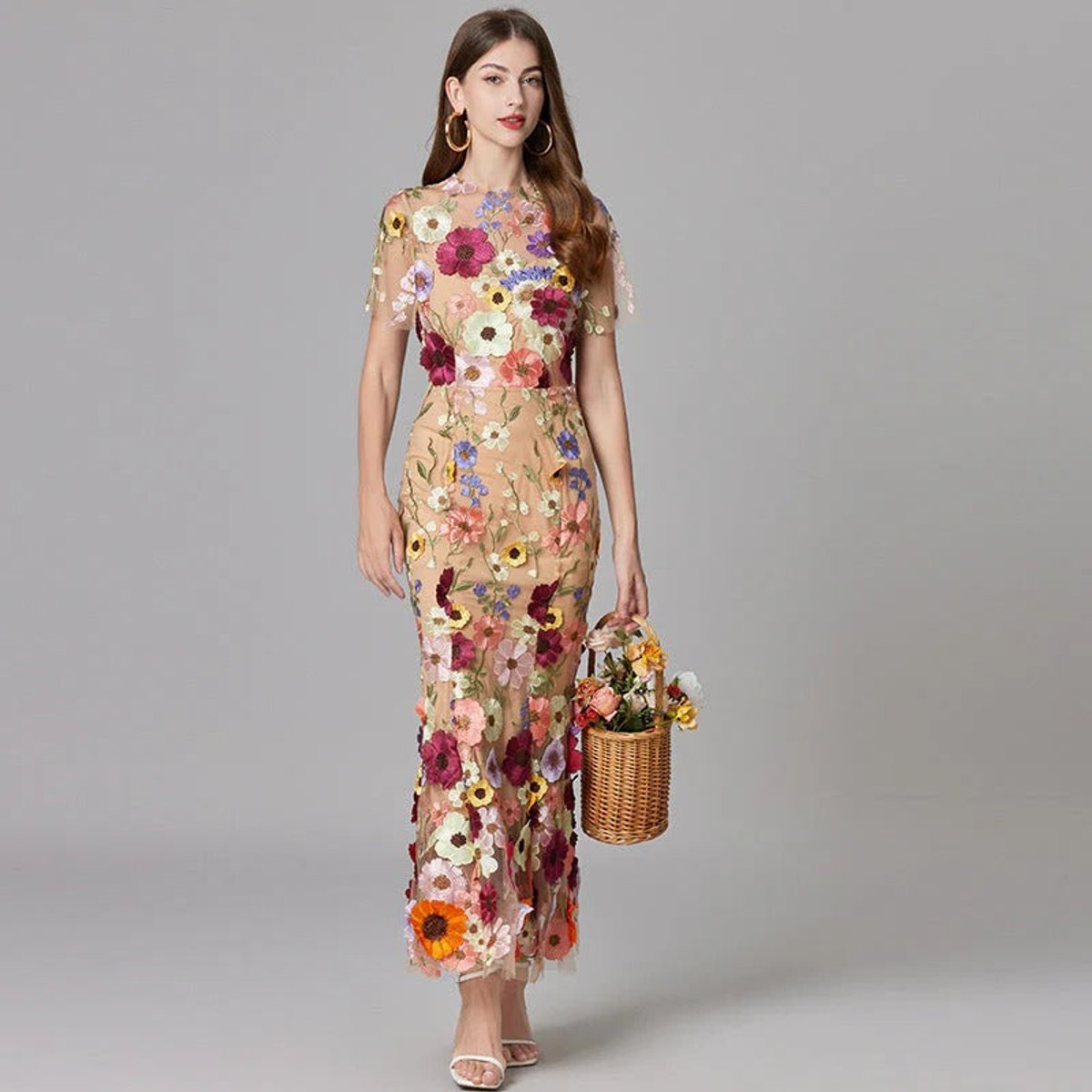 Women's 3D Floral Applique Sheer Mesh Sleeveless Maxi Dress - Side Angle | Lavisa