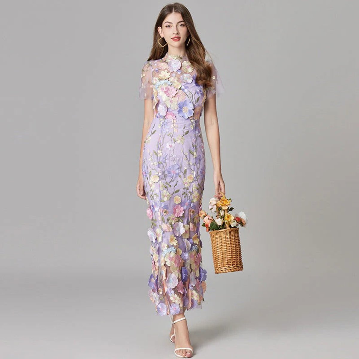 Women's 3D Floral Applique Sheer Mesh Sleeveless Maxi Dress - Back View | Lavisa