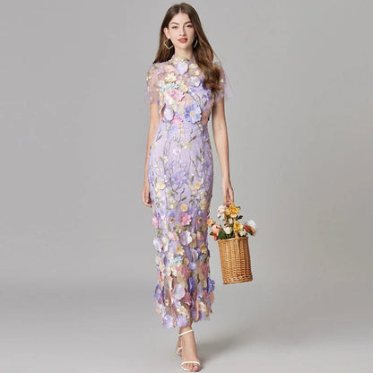 Women's 3D Floral Applique Sheer Mesh Sleeveless Maxi Dress - Back View | Lavisa