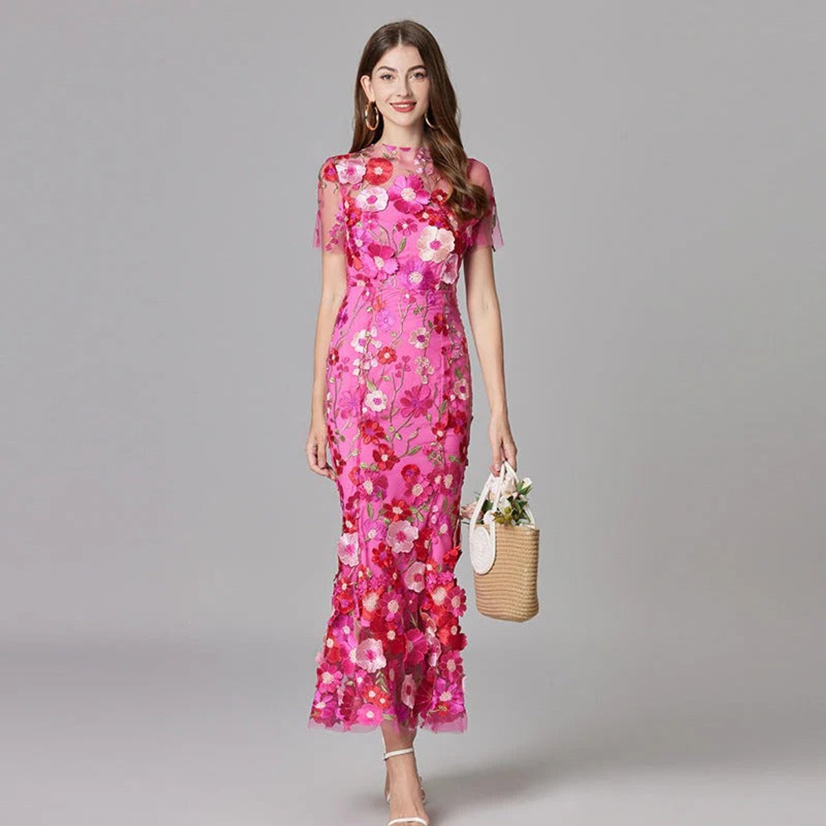 Women's 3D Floral Applique Sheer Mesh Sleeveless Maxi Dress - Close-Up Texture & Detail | Lavisa