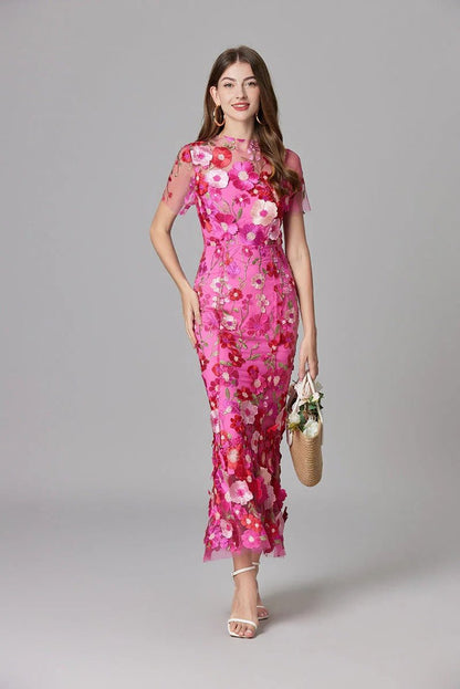 Women's 3D Floral Applique Sheer Mesh Sleeveless Maxi Dress - Sole & Material View | Lavisa