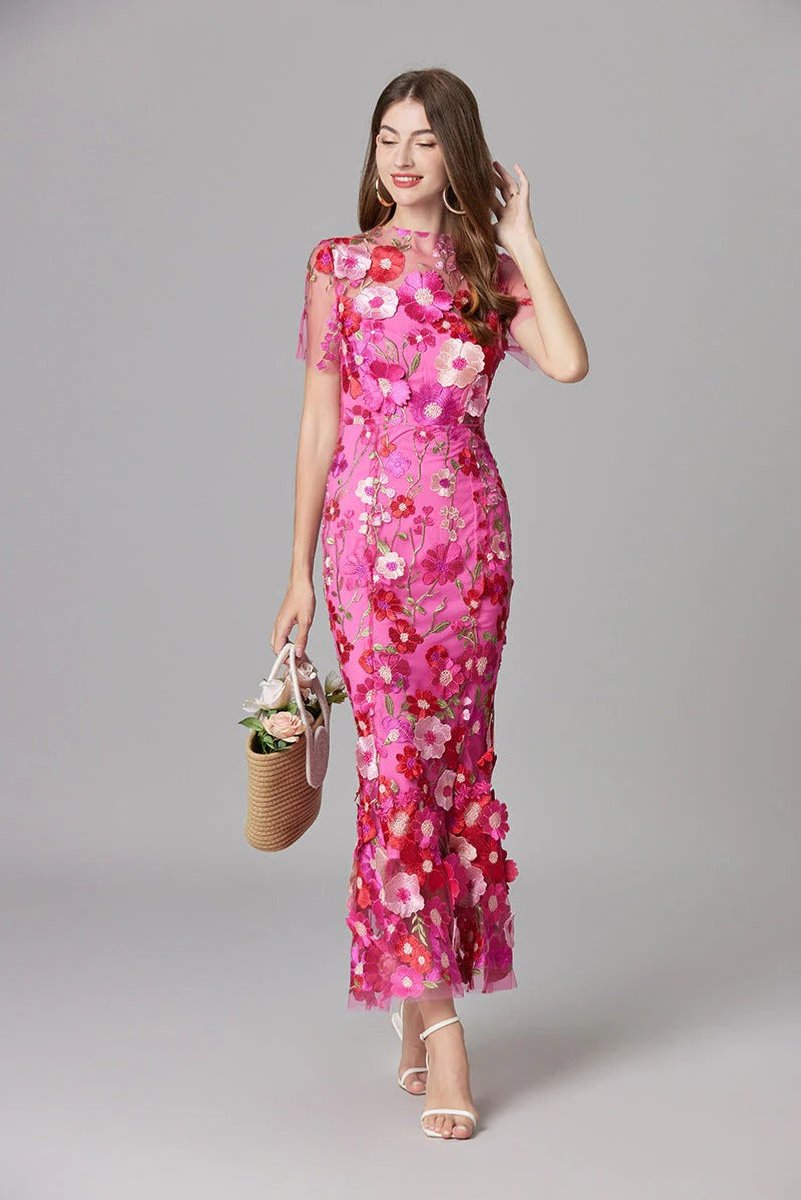 Women's 3D Floral Applique Sheer Mesh Sleeveless Maxi Dress - Lifestyle & Model Angle | Lavisa