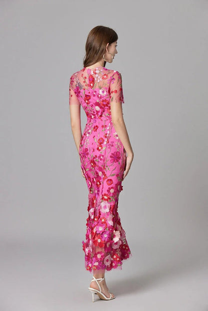 Women's 3D Floral Applique Sheer Mesh Sleeveless Maxi Dress - Variant Angle | Lavisa