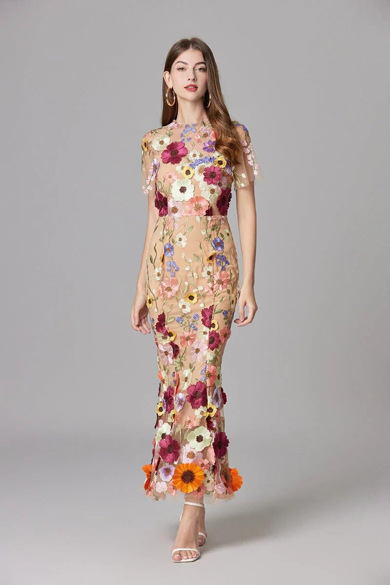 Women's 3D Floral Applique Sheer Mesh Sleeveless Maxi Dress - Variant Style 8 | Lavisa