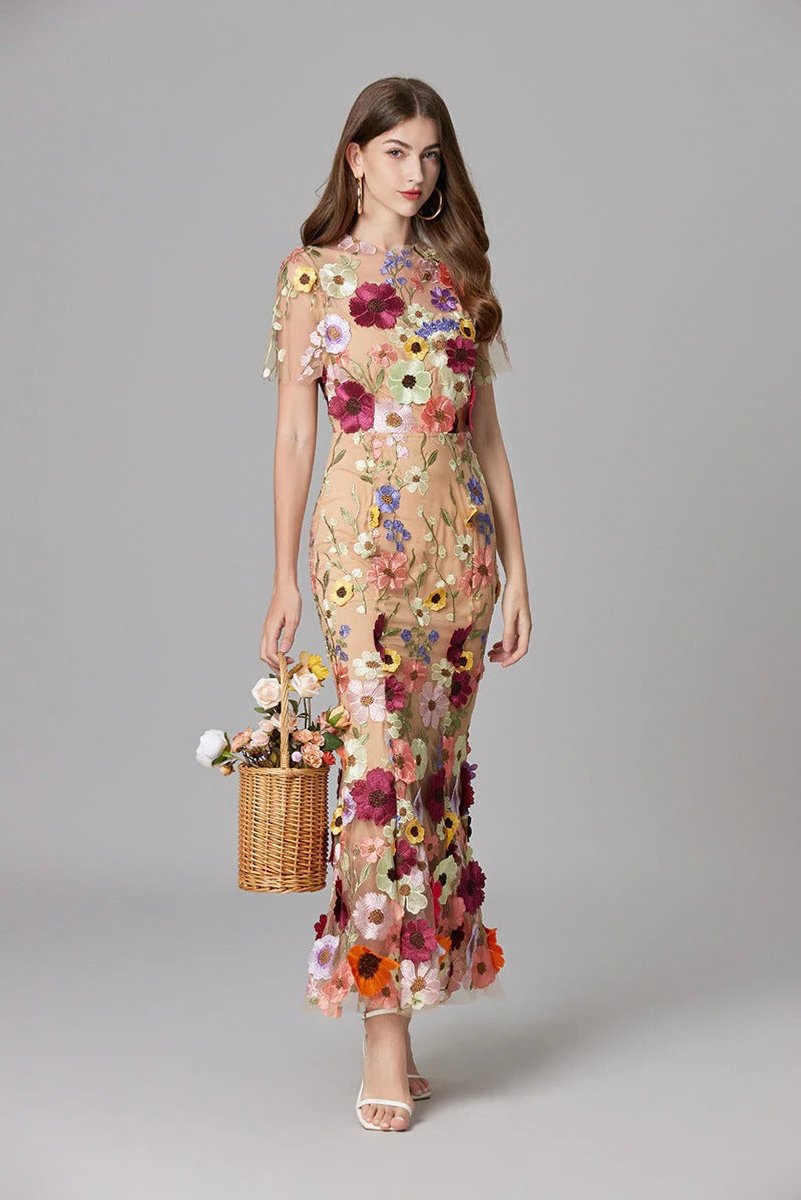 Women's 3D Floral Applique Sheer Mesh Sleeveless Maxi Dress - Variant Style 9 | Lavisa