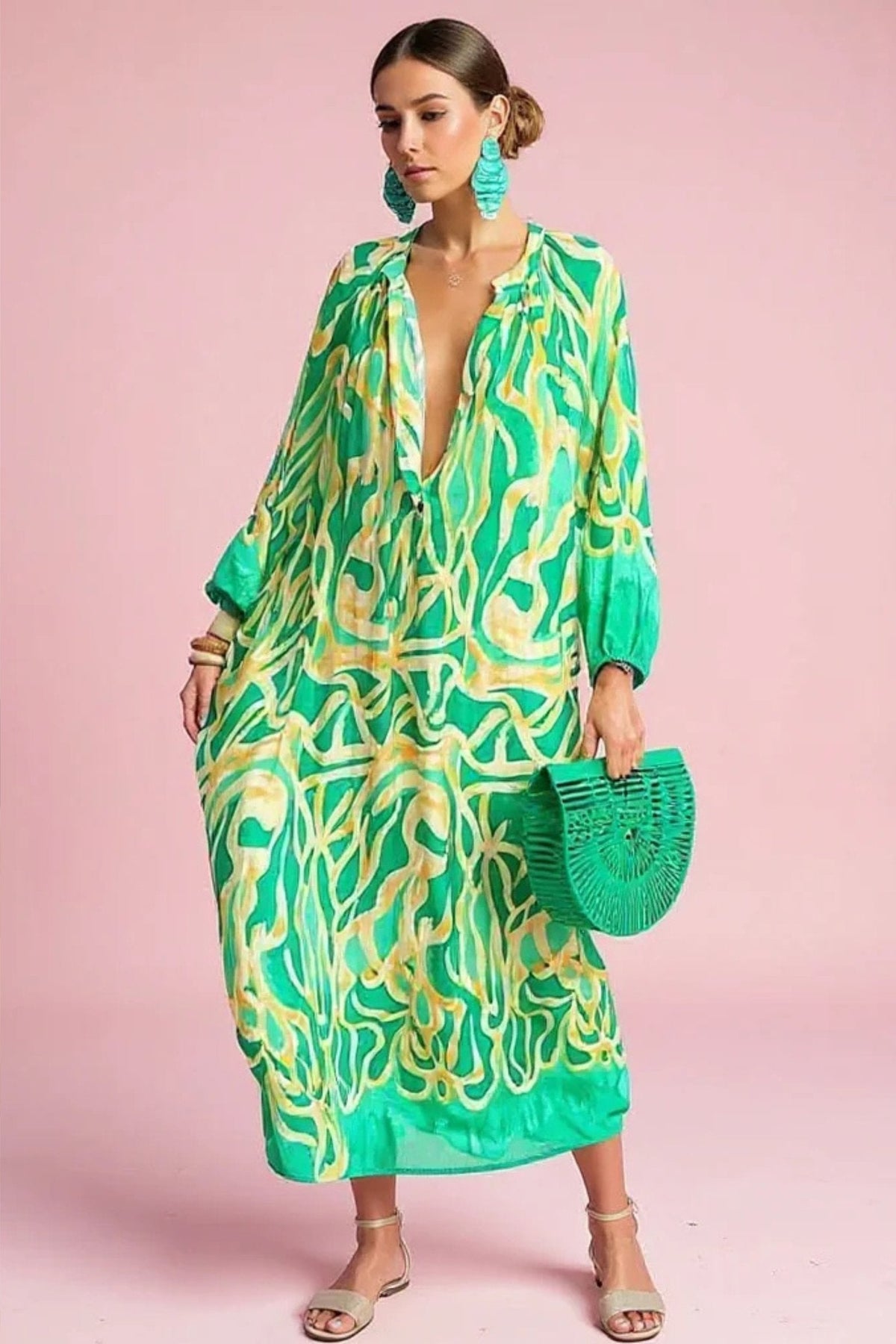 Women's Abstract Print V-Neck Relaxed-Fit Kaftan Maxi Dress - Front View | Lavisa