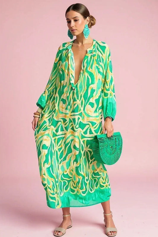 Lavisa - Women's Abstract Print V-Neck Relaxed-Fit Kaftan Maxi Dress