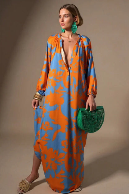 Women's Abstract Print V-Neck Relaxed-Fit Kaftan Maxi Dress - Side Angle | Lavisa
