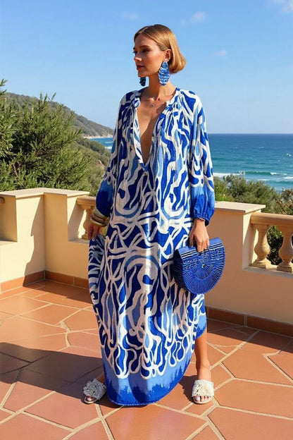 Women's Abstract Print V-Neck Relaxed-Fit Kaftan Maxi Dress - Back View | Lavisa